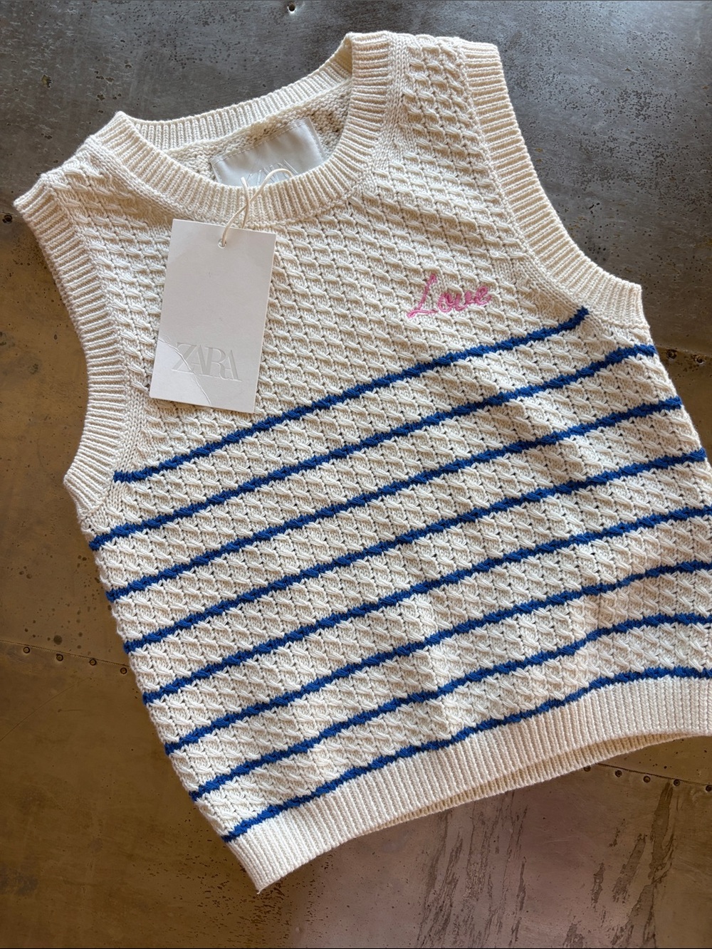 Zara Kids Cream Knit Vest with Blue Stripes and Pink Embroidery